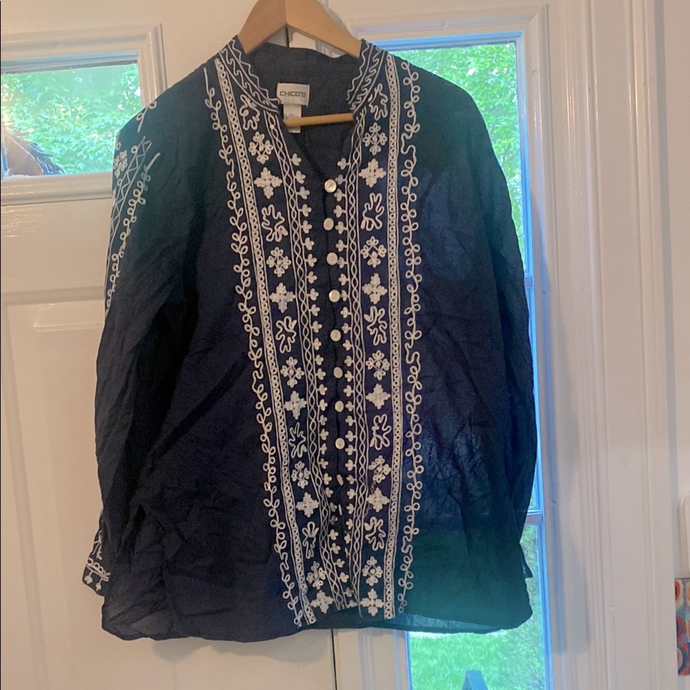 Chico's Navy Blouse with Ivory Stitching
